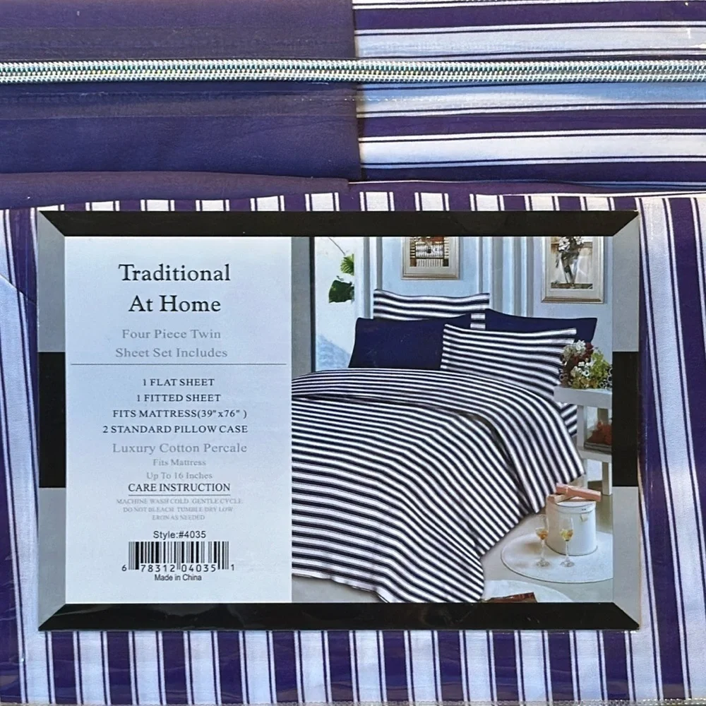Traditional At Home 4 pc Twin Sheet Set Purple Passion and white stripes.